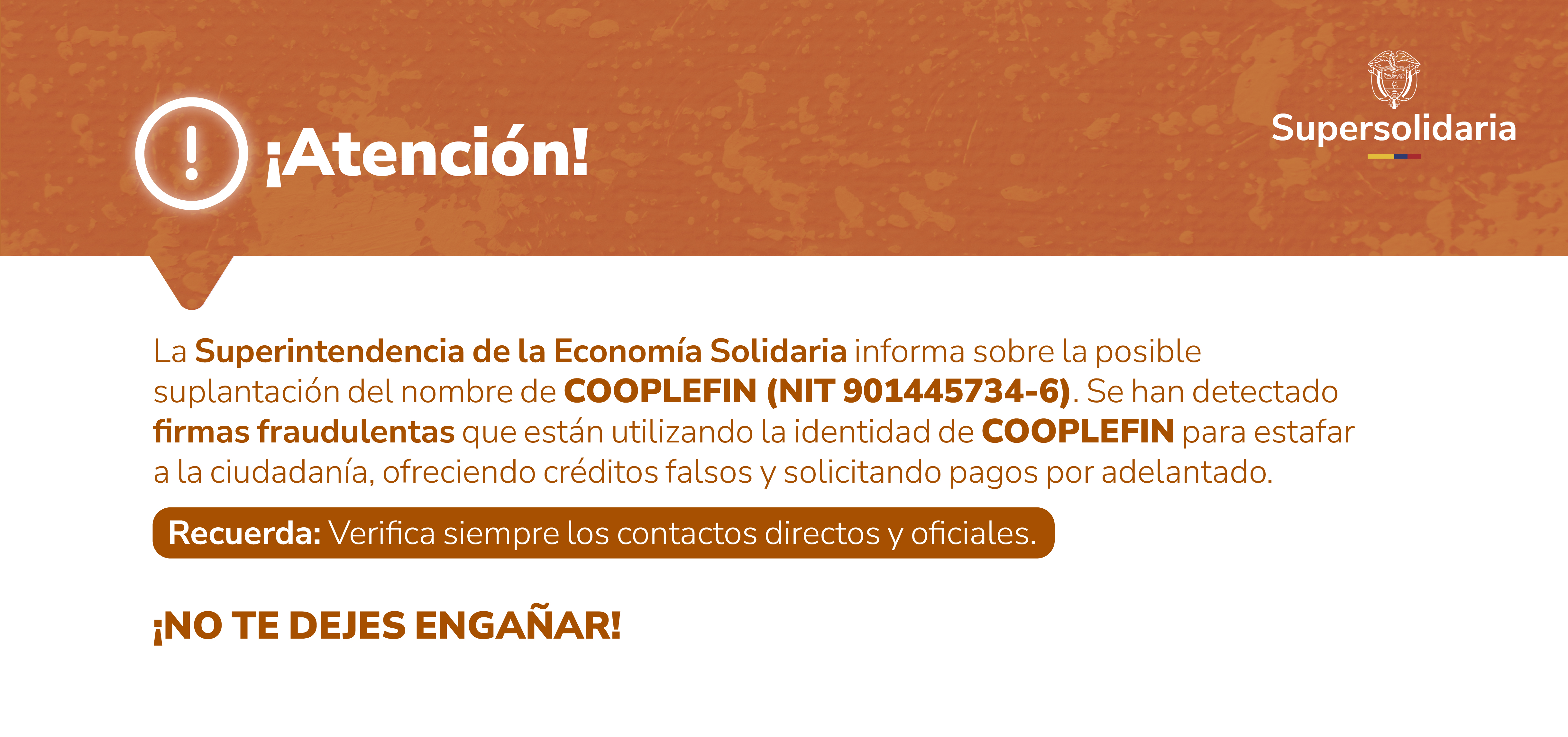 Banner de alerta sobre cooplefin y firmas fraudulentas..