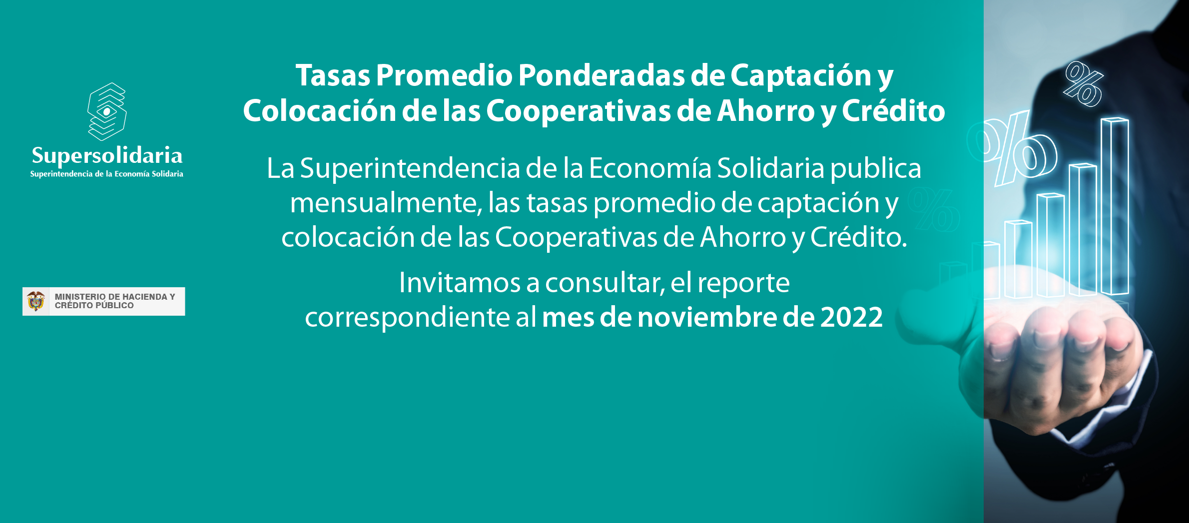 Imagen a manera de banner web que indica la publicación de las tasas de colocación y captación de noviembre de 2022