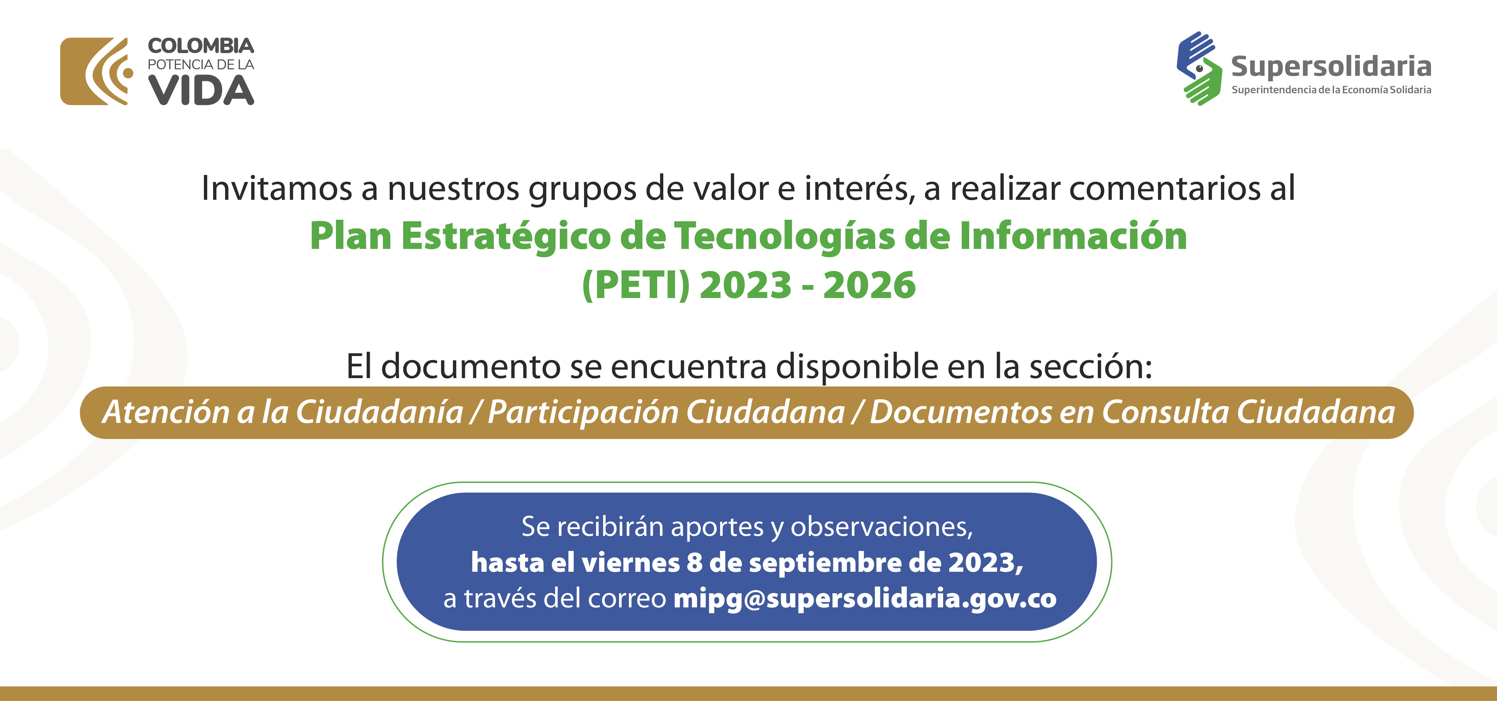 Para comentarios Plan Estratégico de Tecnologías de la Información (PETI) 2023 - 2026