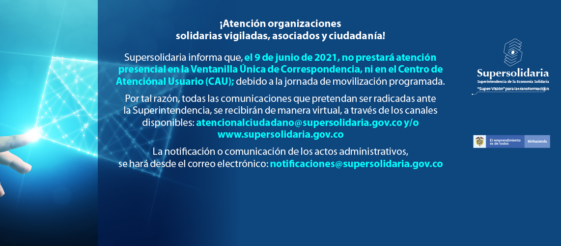 Supersolidaria no prestará atención presencial, hoy, 9 de junio de 2021